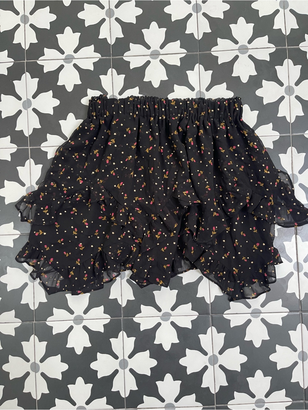 For Love & Lemons Black Ruffle Mini Skirt with Pink Roses and Gold Stars